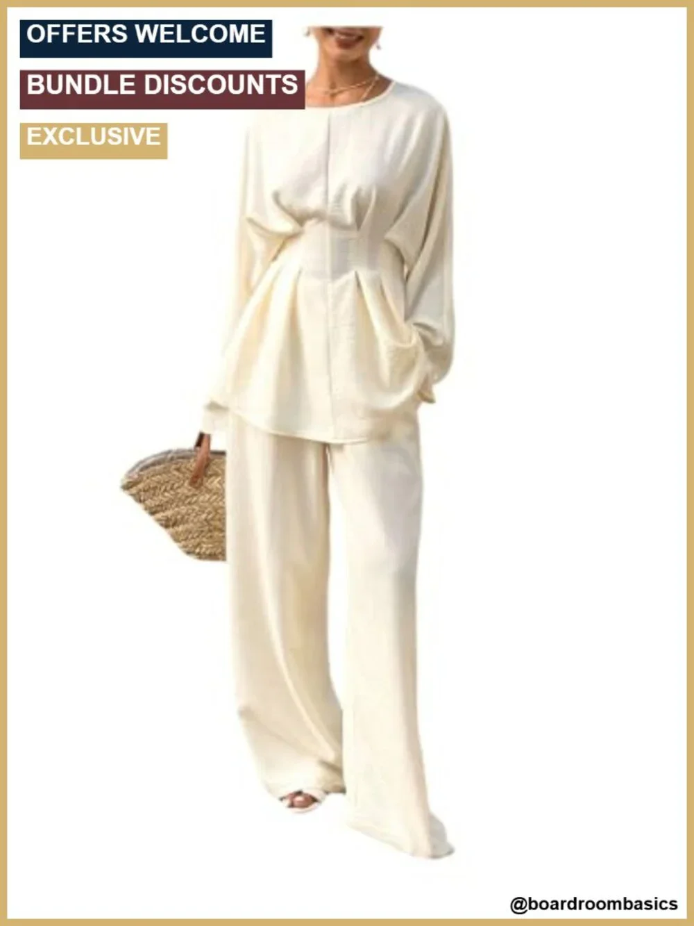 2 Piece Business Casual Outfit Long Sleeve Peplum Top Wide Leg Pants Pockets